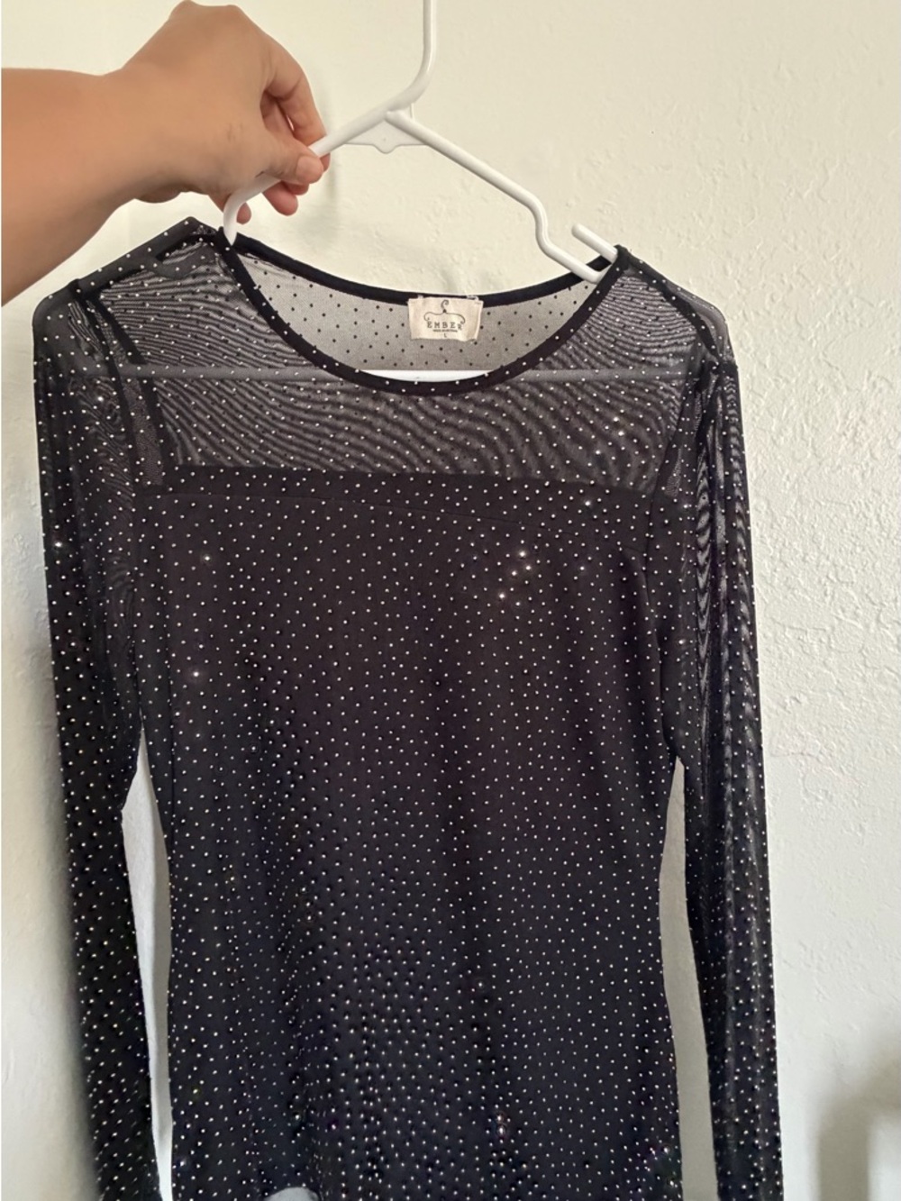 Black Sheer Rhinestone Long-Sleeve Top